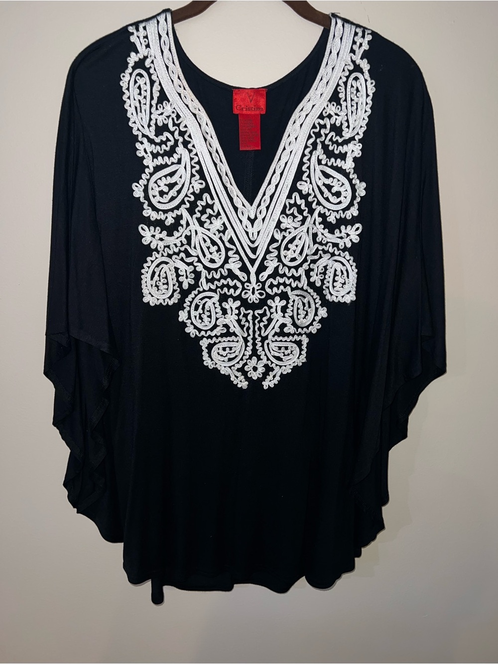 V Cristina Black Tunic with White Embroidered V-Neckline Accents